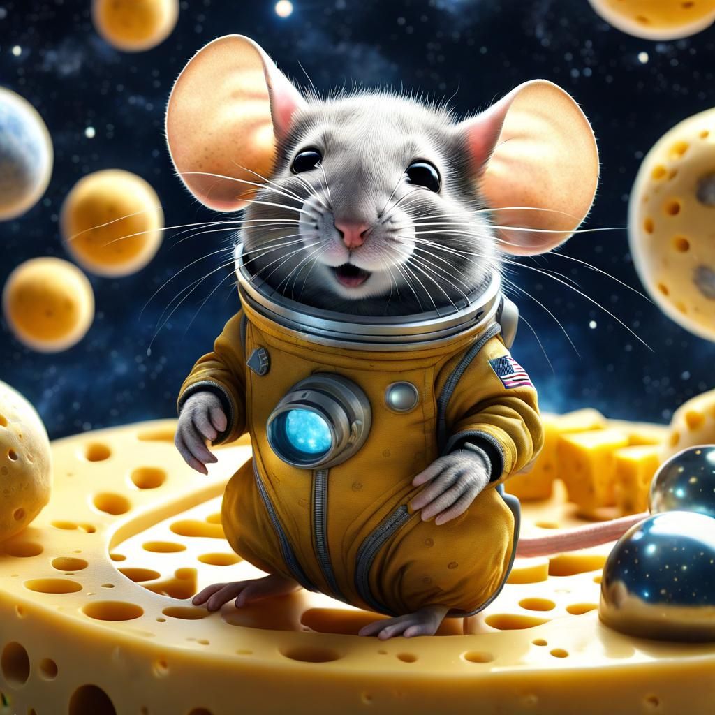 Mouse Astronaut in Cheese Spaceship, Whimsical Art