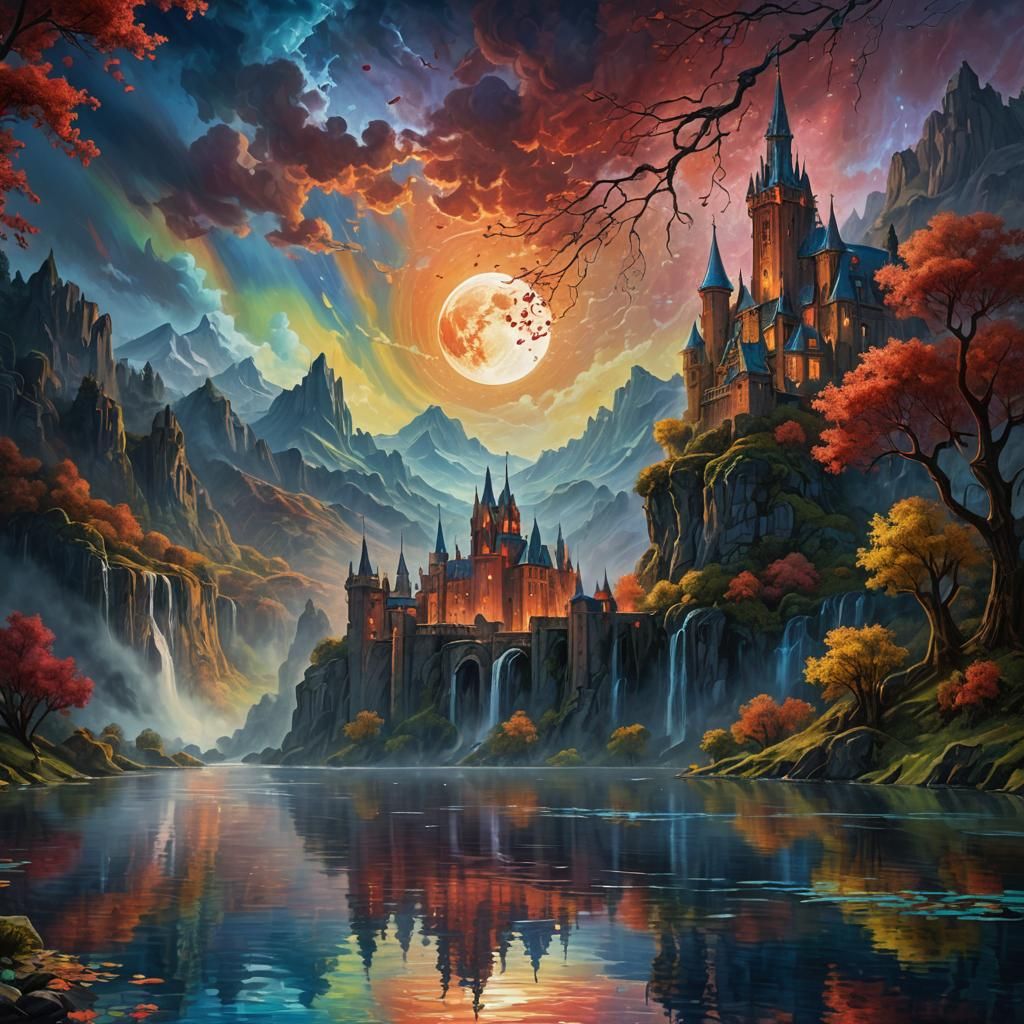 Blood Moon Castle Reflected: Impressionist Style Oil Paintin...