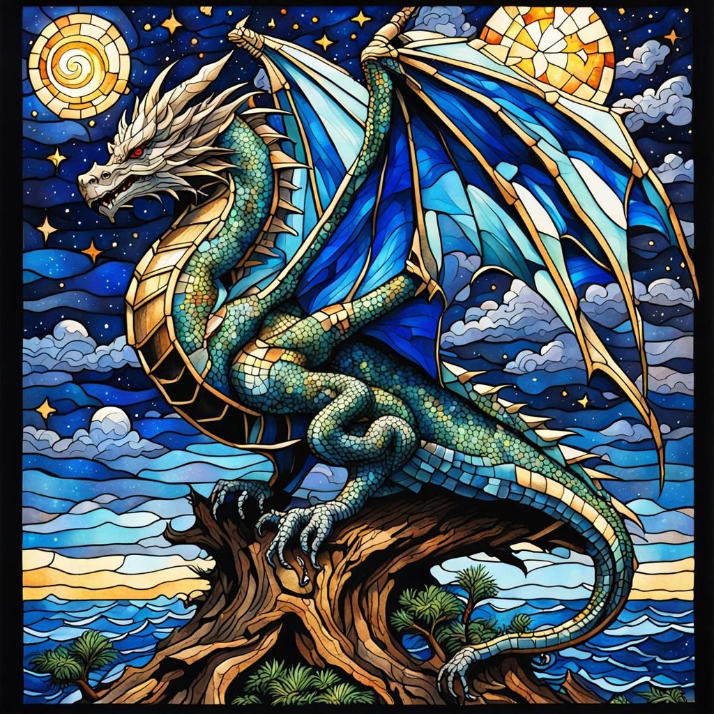 Dragon in Stained Glass Mosaic Under Starry Night