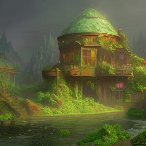 Lush Green House in Detailed Matte Painting Style