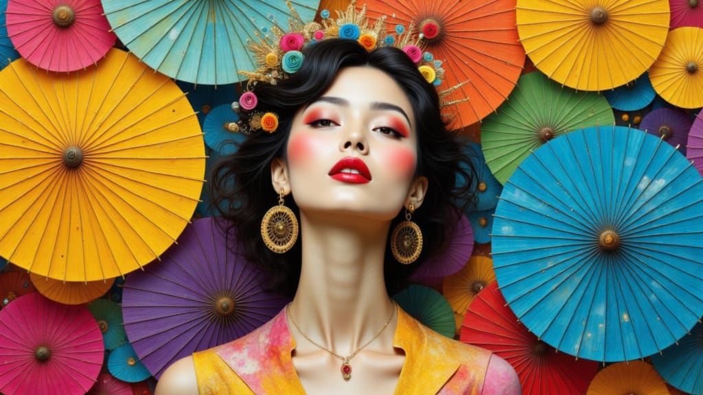 Woman Surrounded by Colorful Parasols in Surreal Style