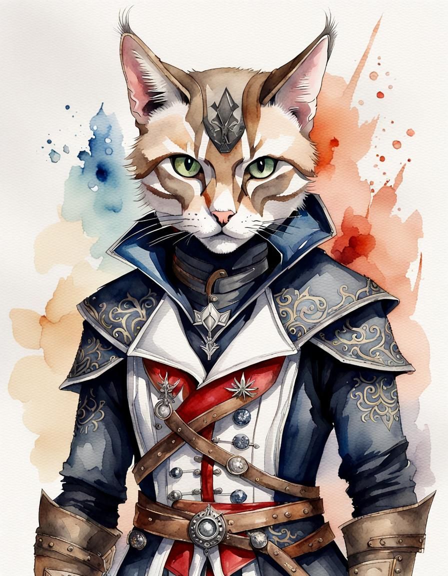 Cat Assassin in Gothic Baroque Watercolor