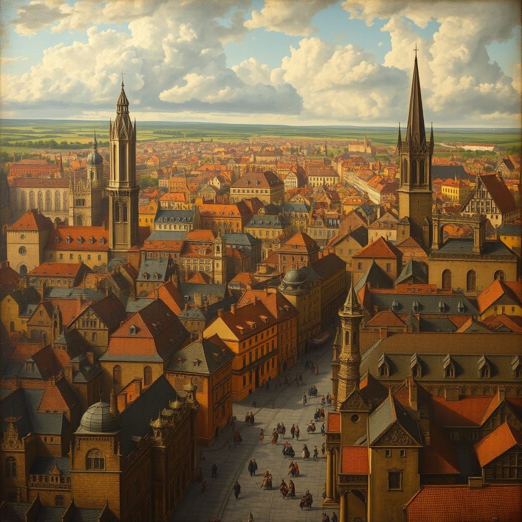 Medieval Cityscape in Dürer Style Oil Painting