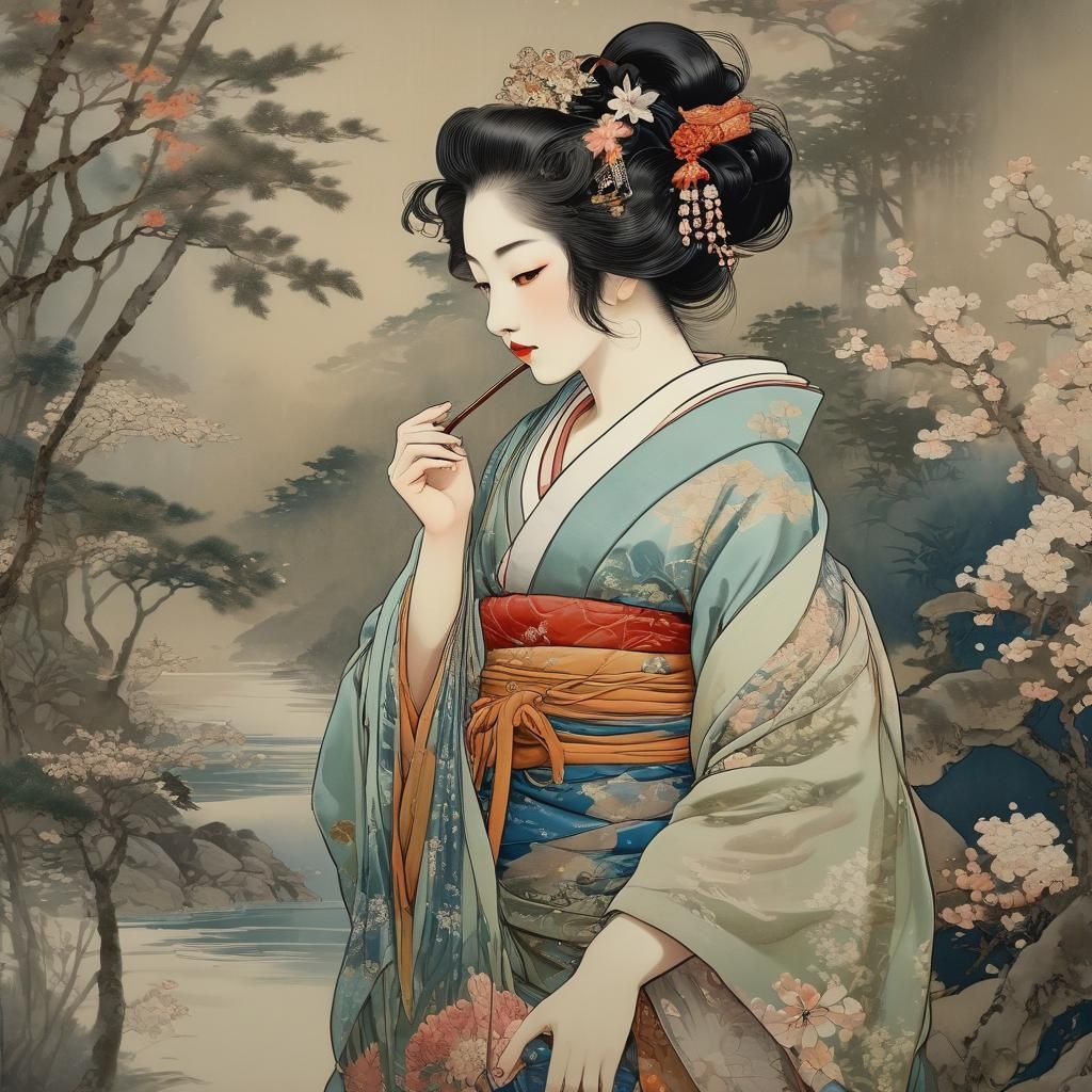 Elegant Geisha in Ukiyo-e Style Kimono