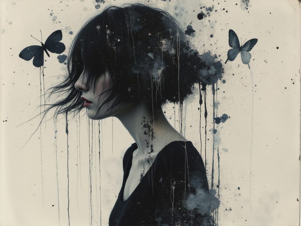 Ethereal Gothic Woman Portrait in Watercolor and Alcohol Ink