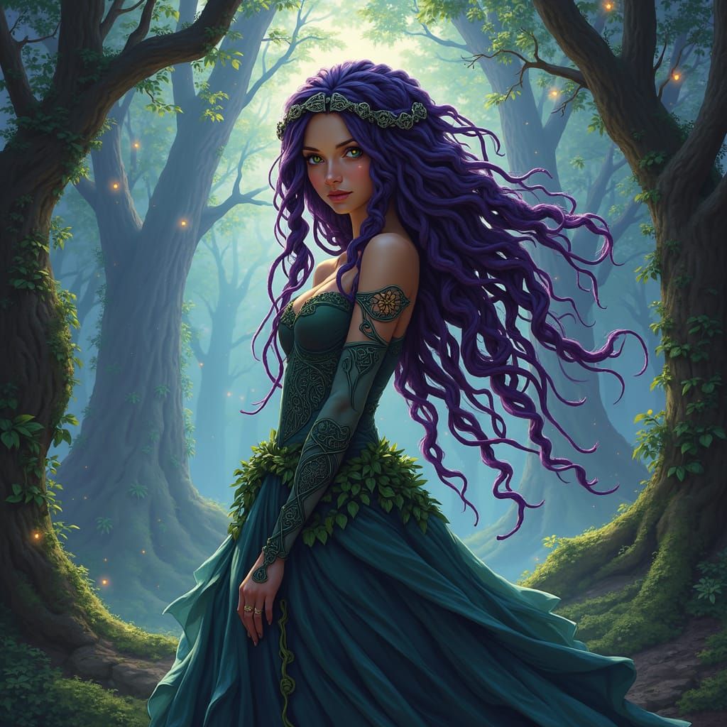 Celtic Goddess in Mystical Forest, Art Nouveau Style