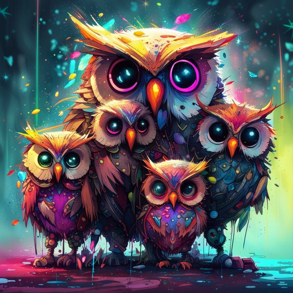 Cute Owl Family in Vibrant Digital Art Style