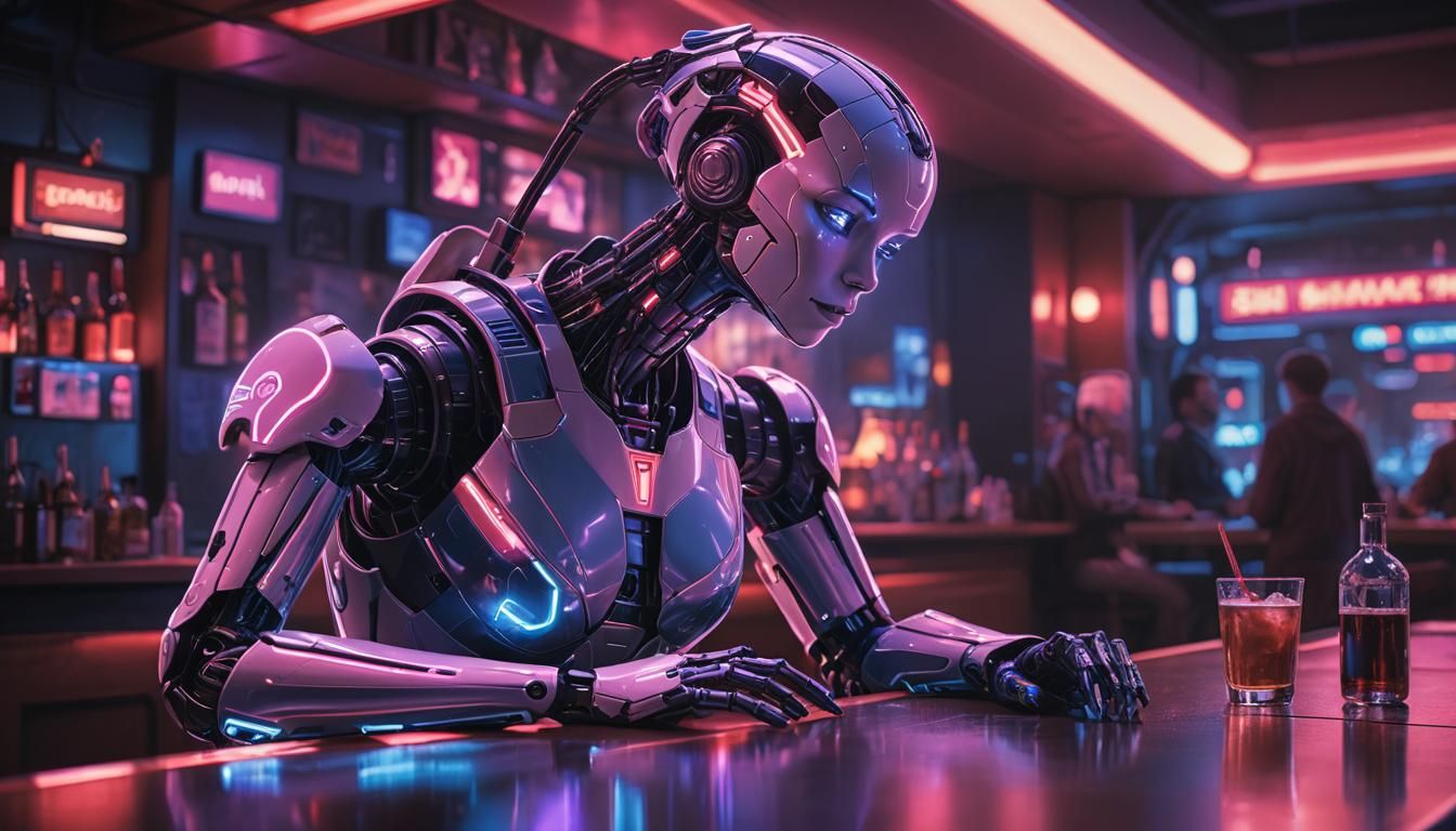 Neon-Lit Robot in Bar: Sci-Fi Concept Art