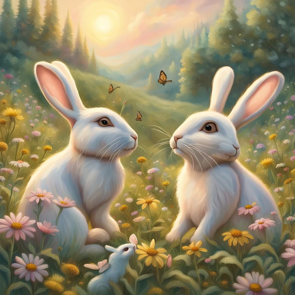 Rabbit Family in Meadow: Whimsical Folk Art Illustration