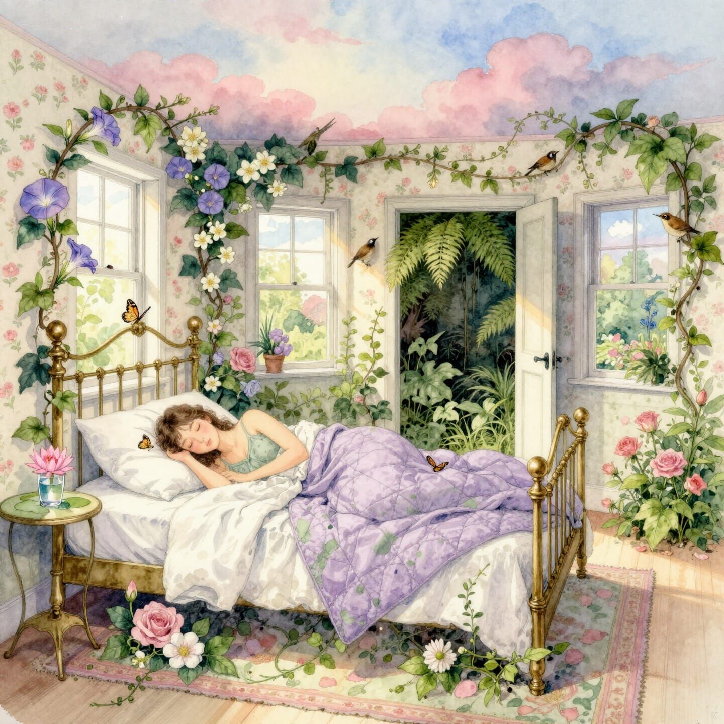 Dreamy Bedroom Merges with Garden in Watercolor