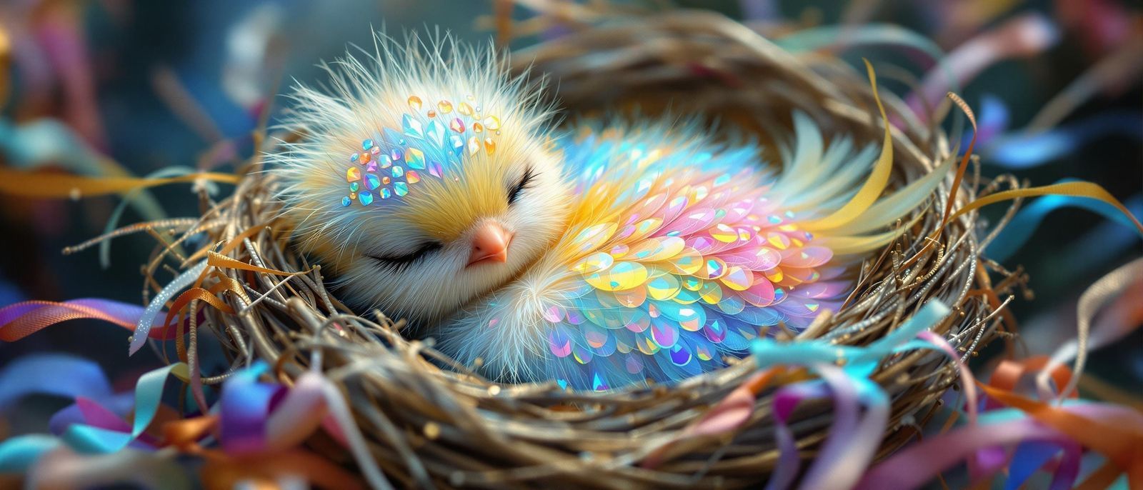 Magical Bird in Whimsical Nest of Silk and Rainbow Feathers