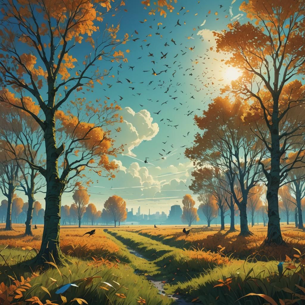 Green Field in Autumnal Fantasy Landscape