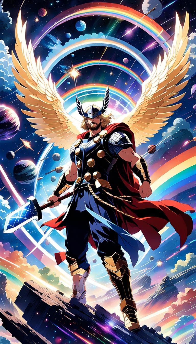 Anime Thor with Angel Wings in Space