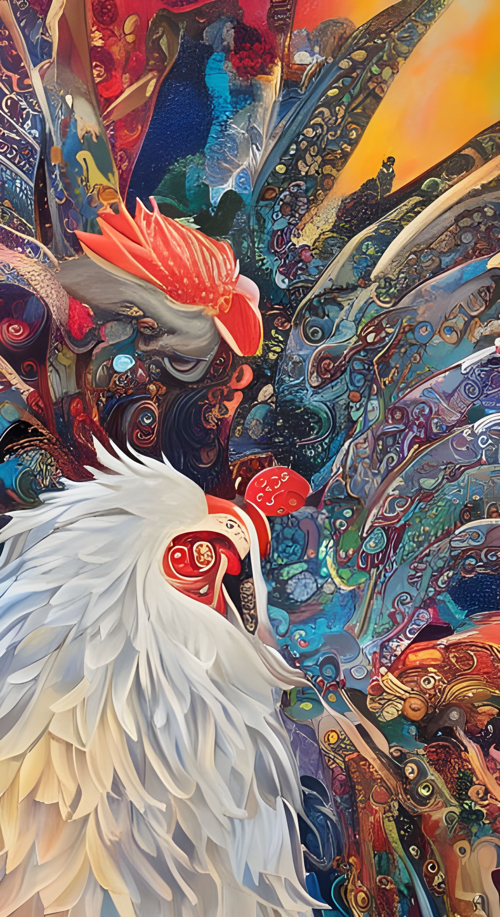 Iridescent Rooster with Aurora Circuit Board Sky