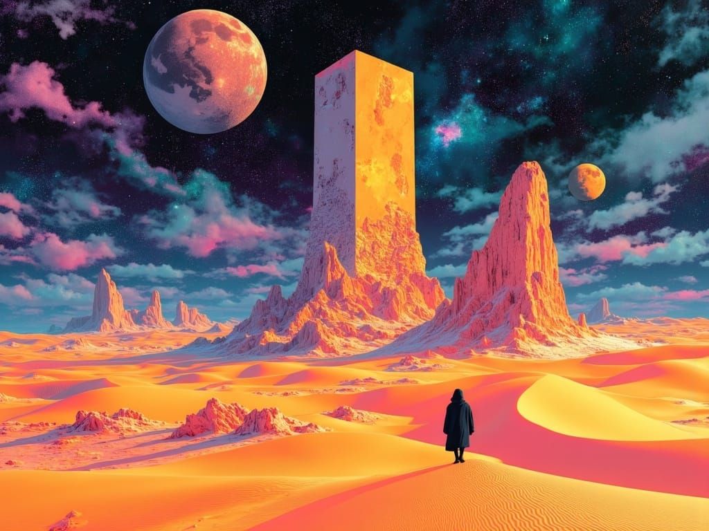 Solitary Nomad in Alien Desert, Retro-Futuristic Style