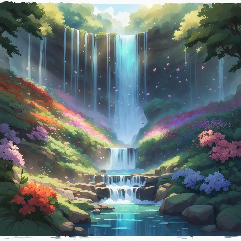 Rainbow Waterfall Concept Art in Anime Style