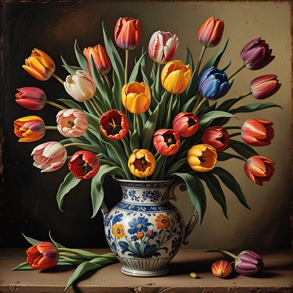 Vibrant Tulips in Earthy Jug, 17th Century Oil Painting