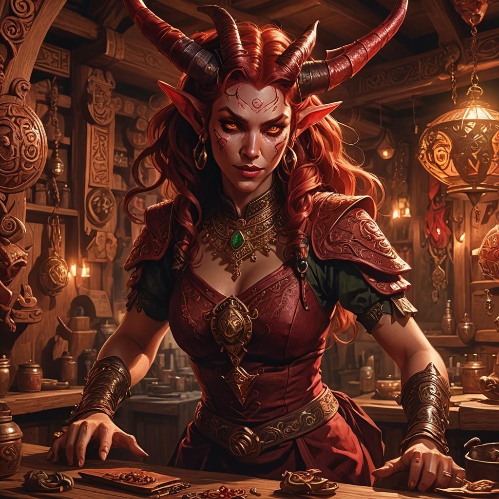 Tiefling Archer in Crimson Light: A Digital Matte Painting