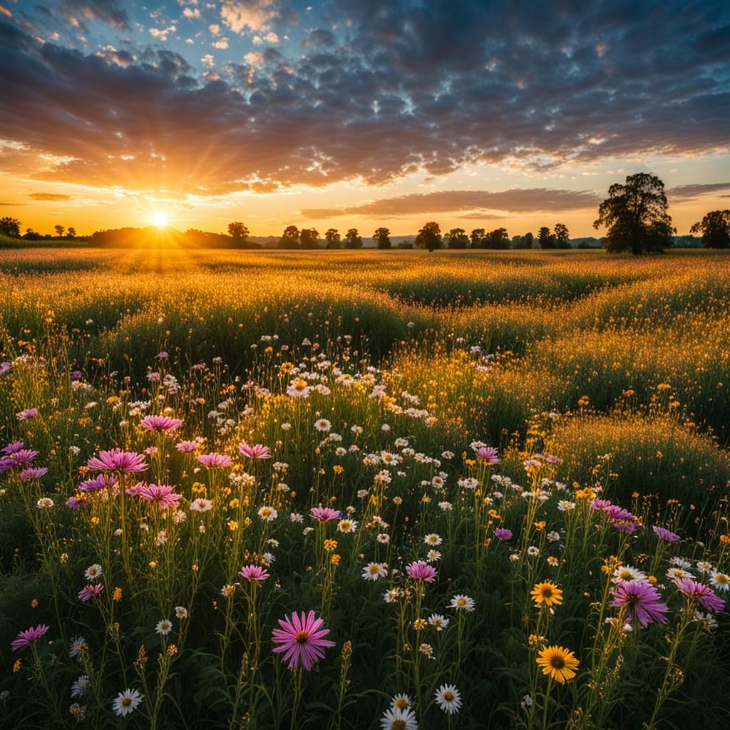Wildflower Meadow at Sunset: A Beautiful Landscape