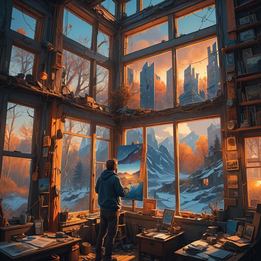 Artist Hanging Landscape Painting in Fantasy Style