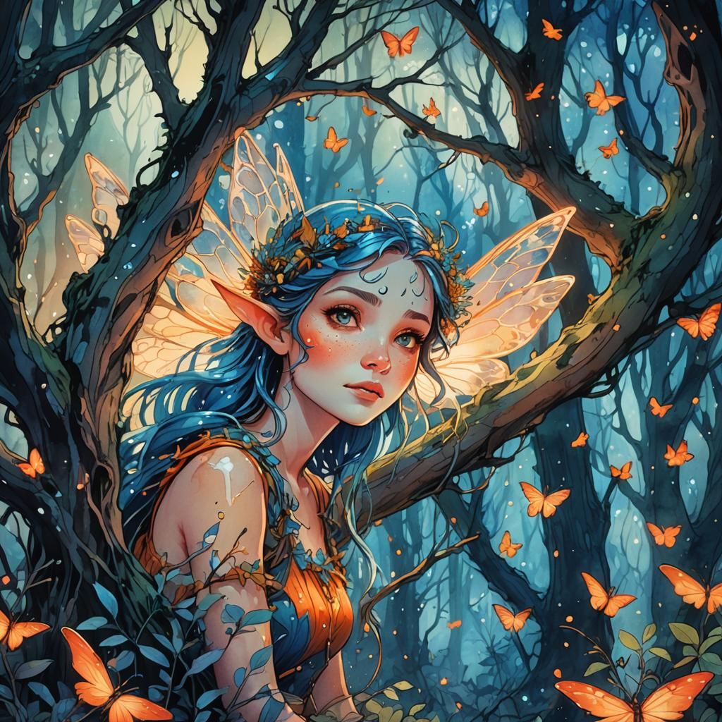 Mischievous Fairy in Enchanted Forest, Watercolor Art