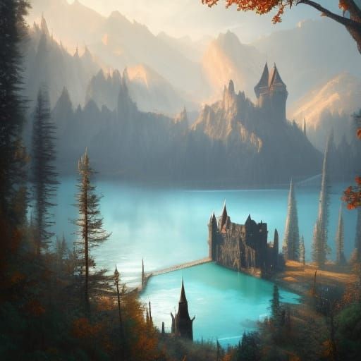 Gothic Castle Fortress Beside Turquoise Lake