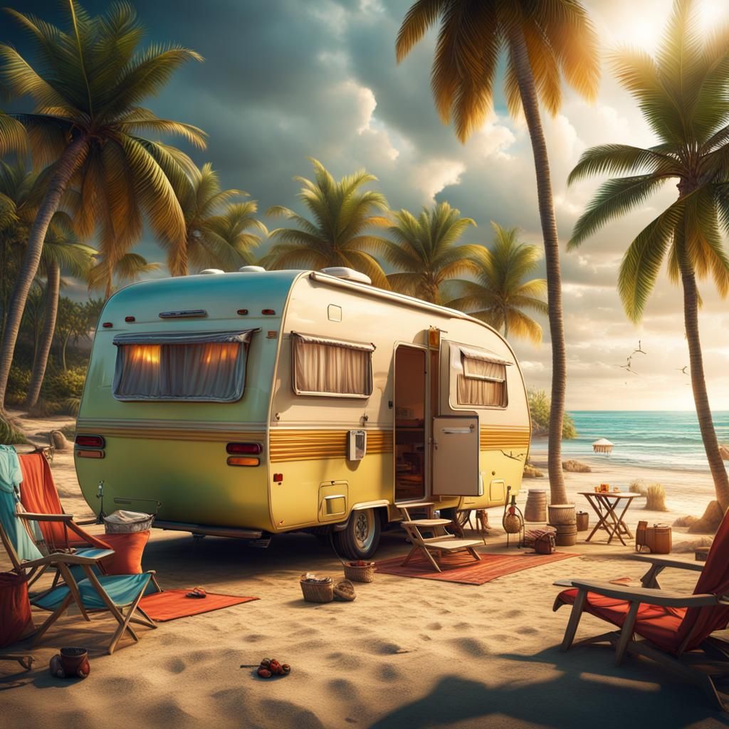 Tropical Beach RV Campers in Summer: Digital Matte Painting