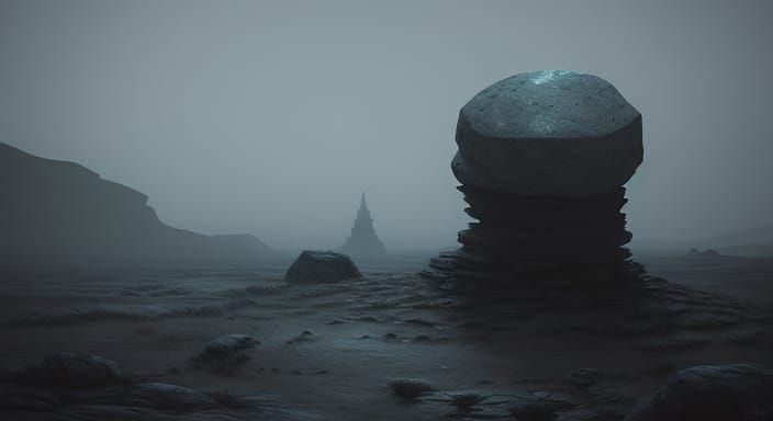 Mysterious Stone with Glowing Runes in Alien Landscape