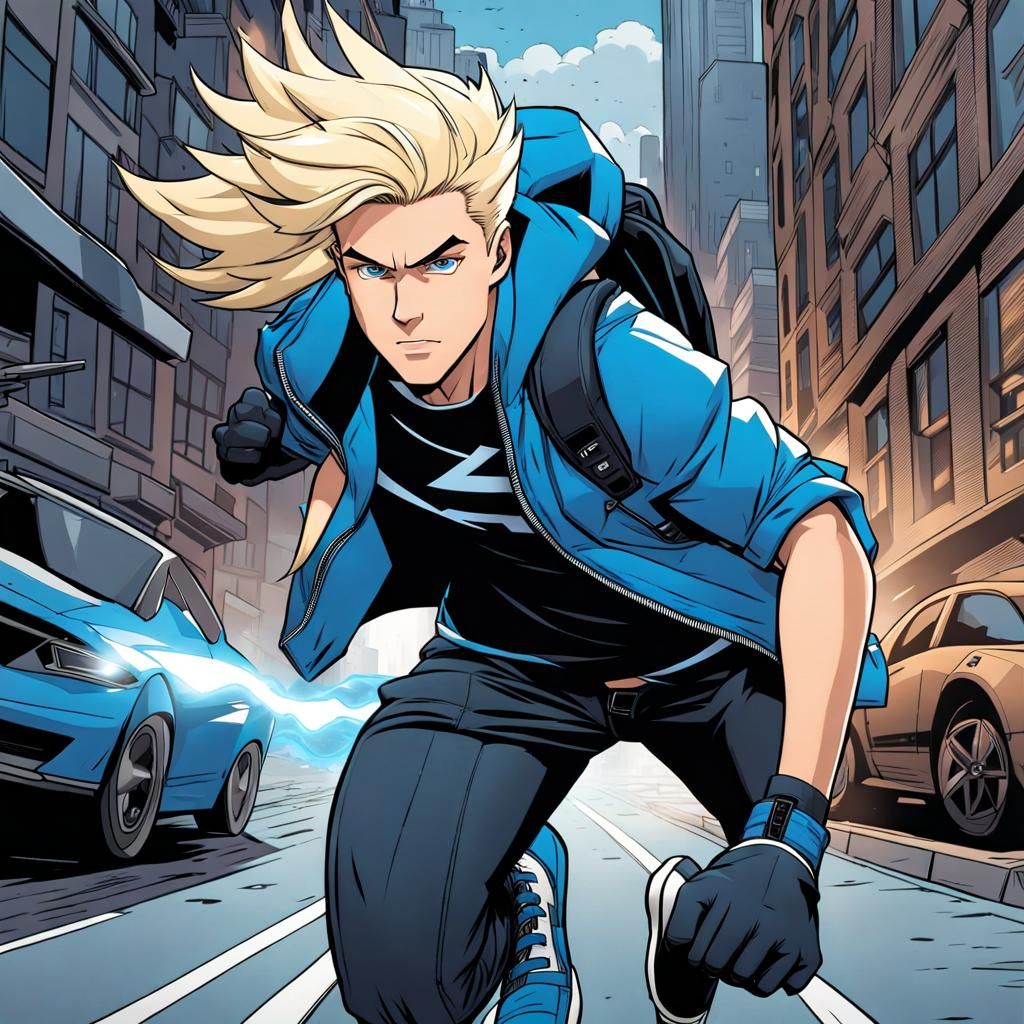 Comic Style Superhero Speedster in Cityscape