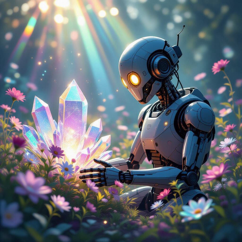 Robot Tends Radiant Crystal Garden in Ethereal Light