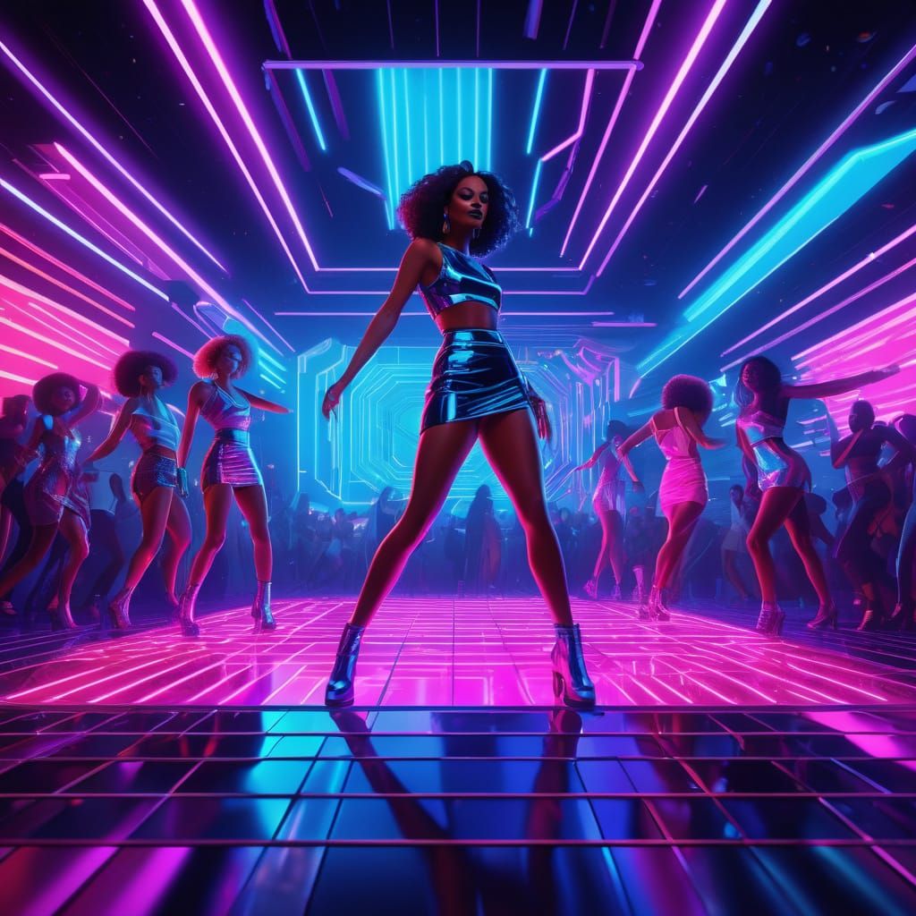 Disco dancers on a neon disco dance floor