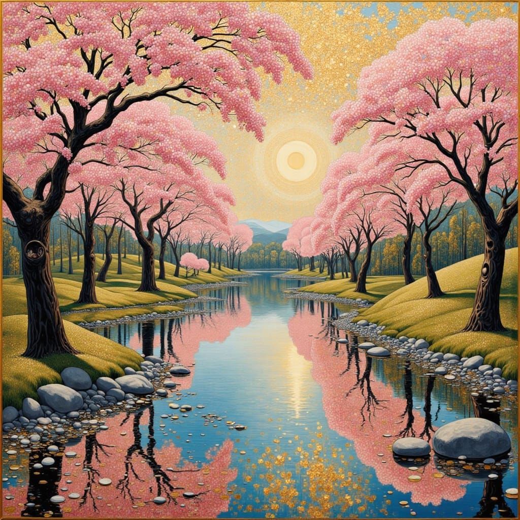 Cherry Blossoms on River, Klimt-Inspired Art Nouveau