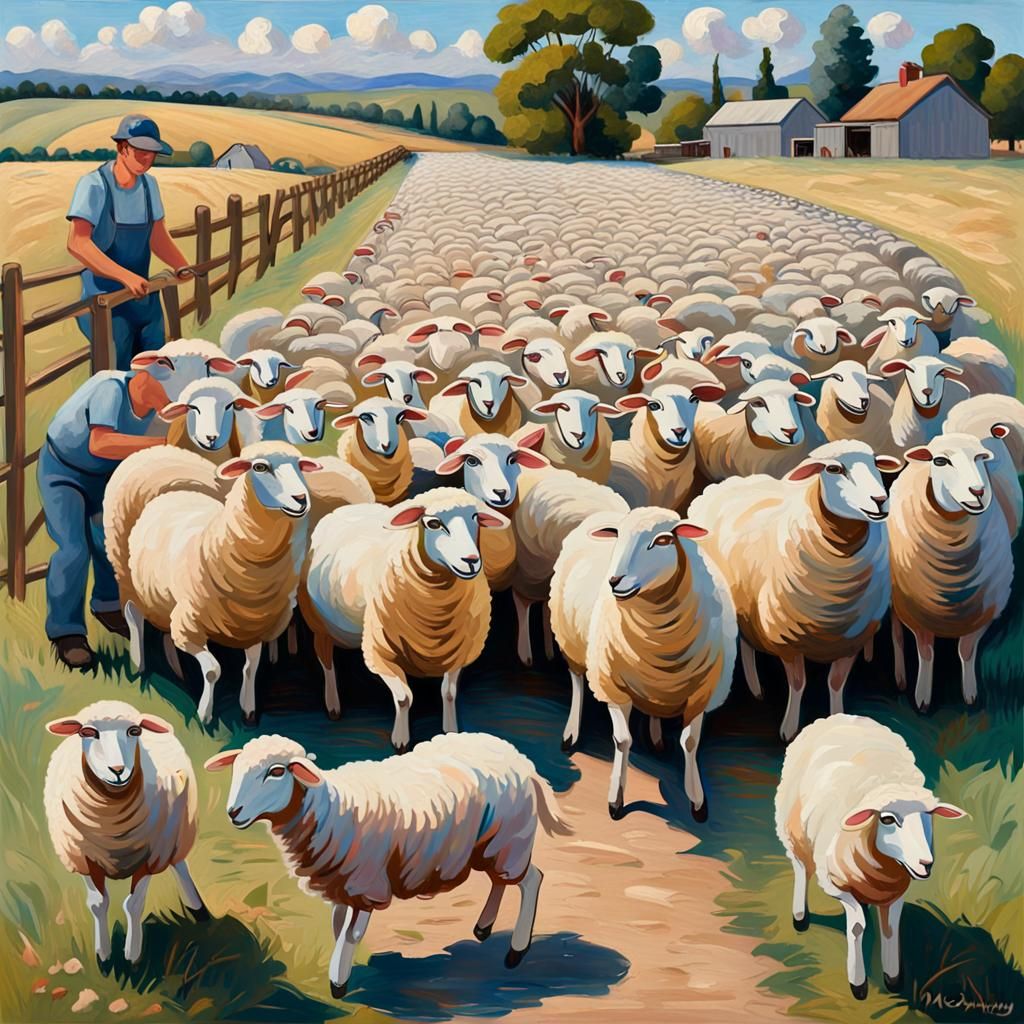 Sheep Shearing Station in Expressionist Oil Painting