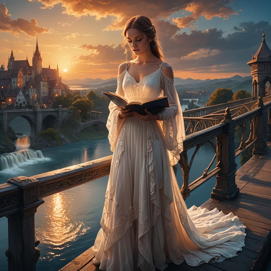 Girl Reading at Sunset: Fantasy Matte Painting