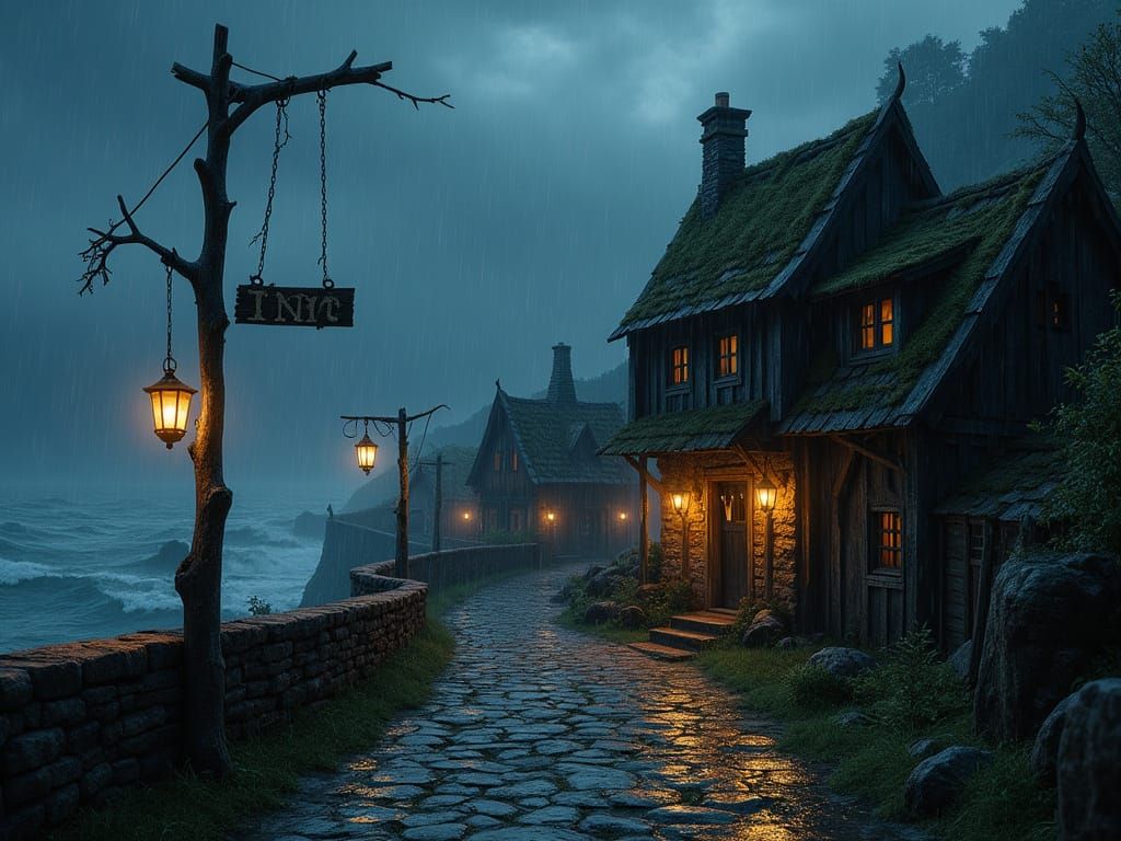Medieval Fishing Village Overlooking Stormy Sea at Night