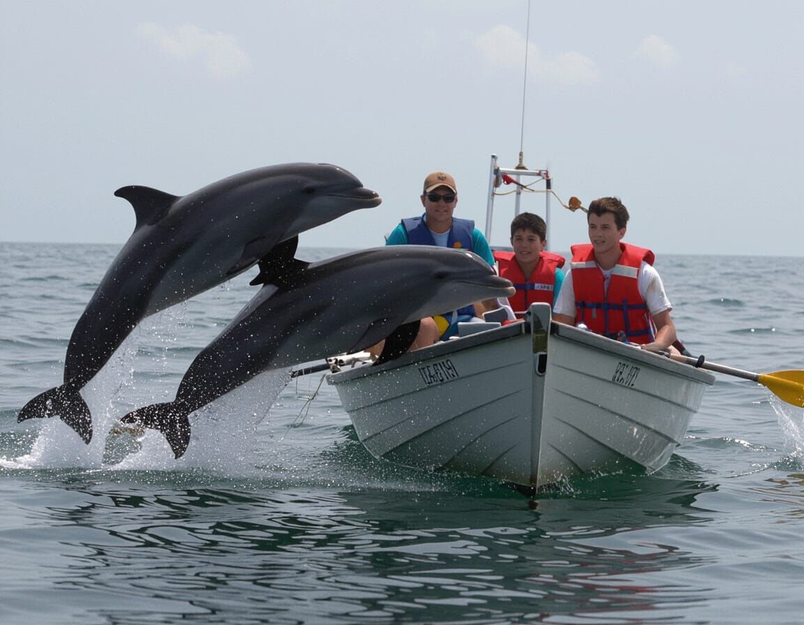 Dolphins Leap Over Rowboat