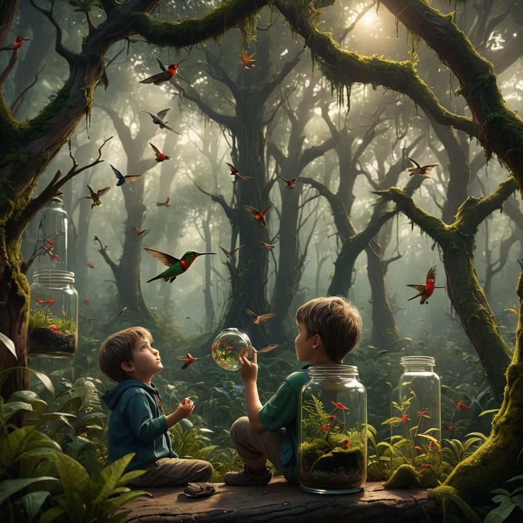 Boy and Miniature Forest in a Jar