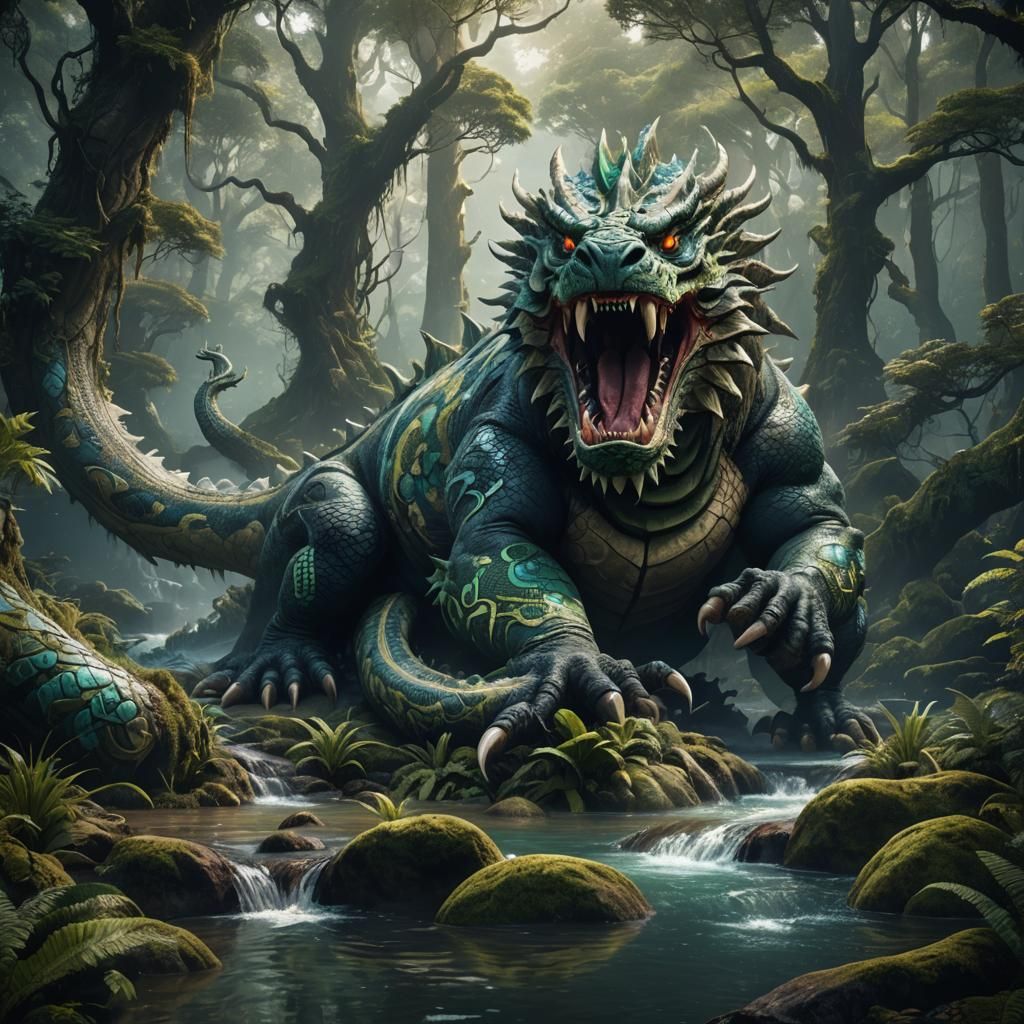 Taniwha Drinks in Forest: Detailed Fantasy Art