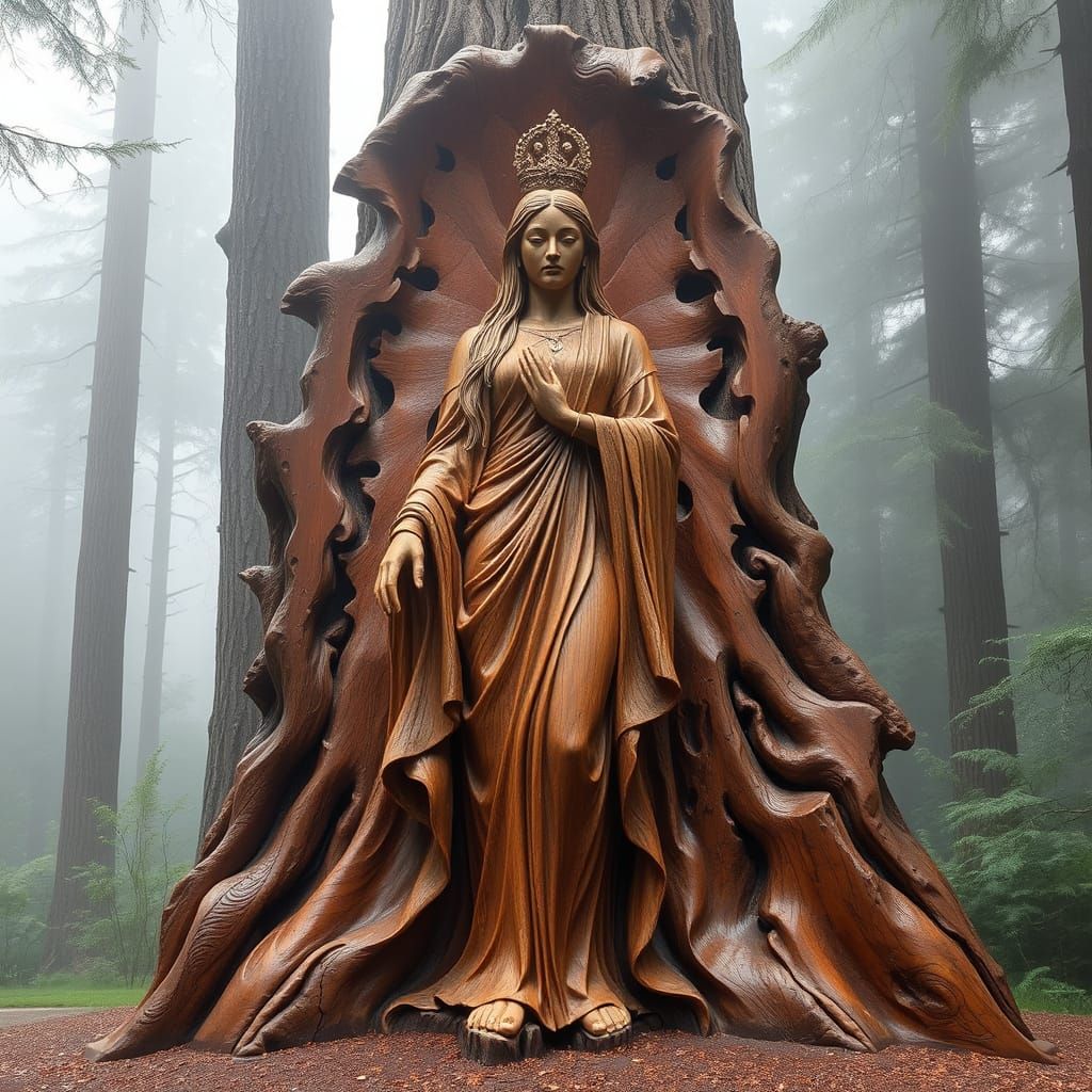Goddess Carved from Redwood Burl in Misty Forest