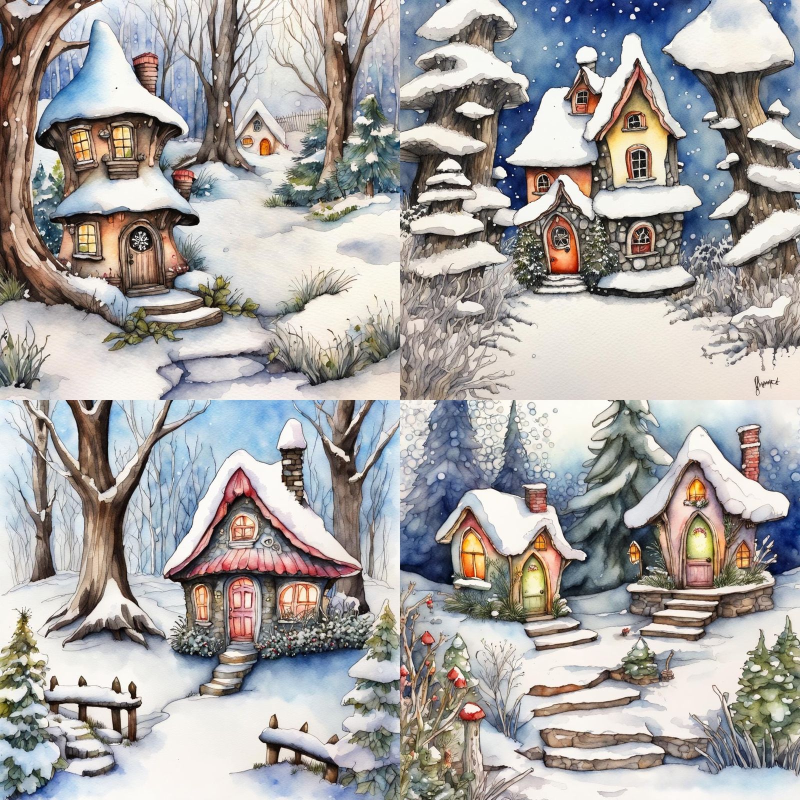 Snow,fairy house, fairy garden background, Hyperrealistic, pen and ink, bright watercolor