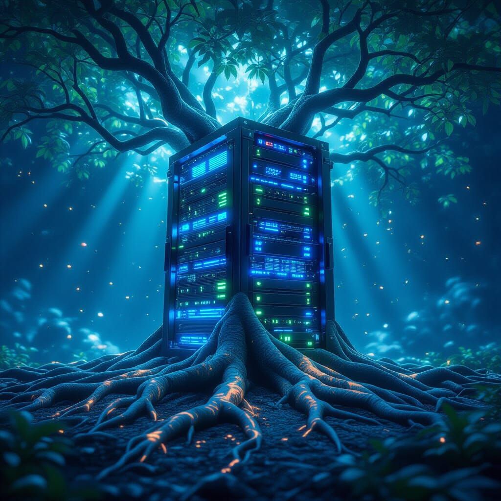 Surreal Tech Nature Fusion: Glowing Server Roots