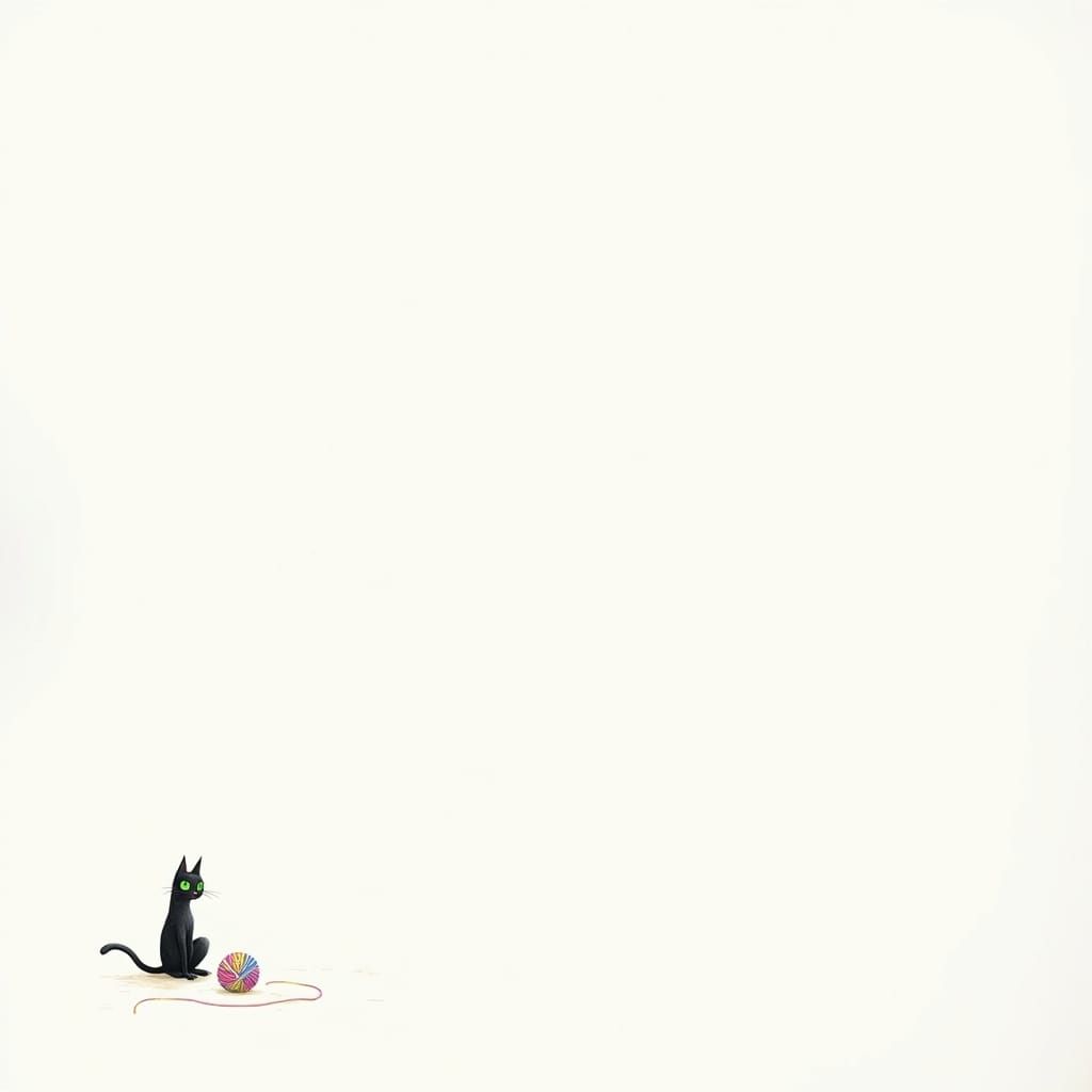 Whimsical Black Cat Plays with Yarn Ball on White Background
