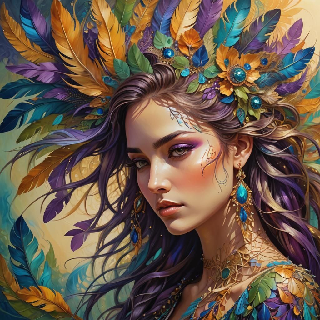 Surreal Girl with Feathers and Fractal Details