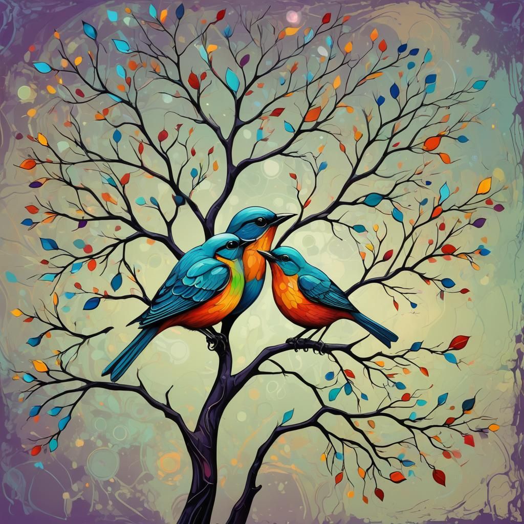 Two Birds Kissing on a Futuristic Branch