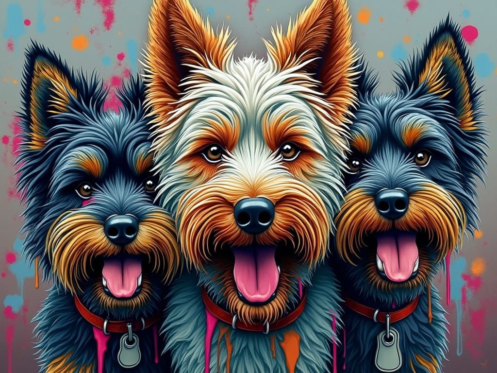 Artistic renditions of a few people with mutts. Vibrant wi6h...