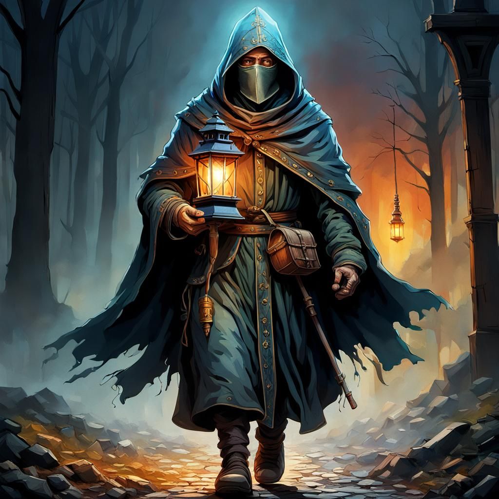 Pilgrim Walker with Lantern in Medieval Setting