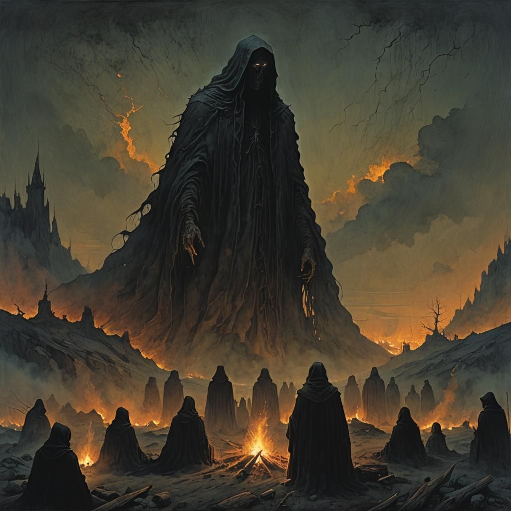 Mysterious Figures Around Campfire in Eerie Mystical Style