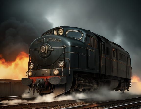 Dieselpunk Locomotive Chase in Vibrant Low-Key Lighting