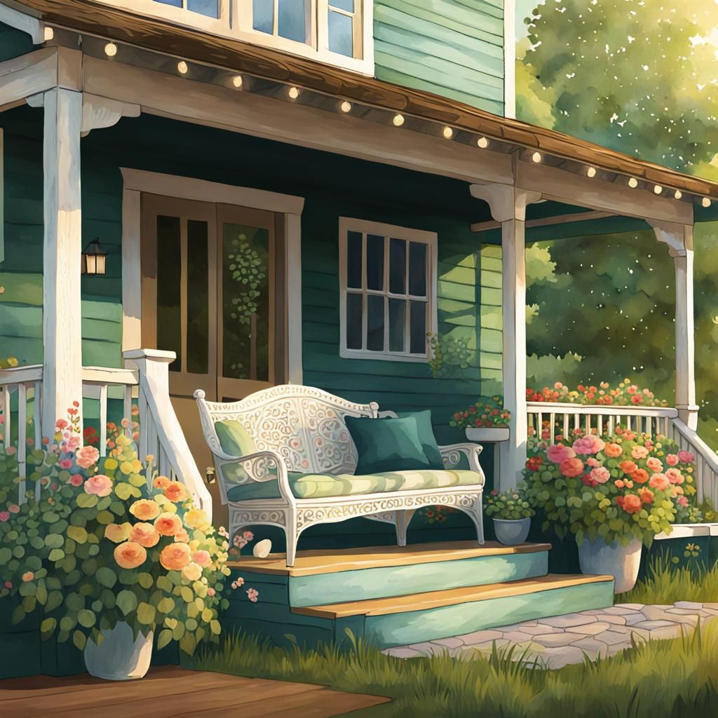 Cozy Cottage in Watercolor Style with Golden Light