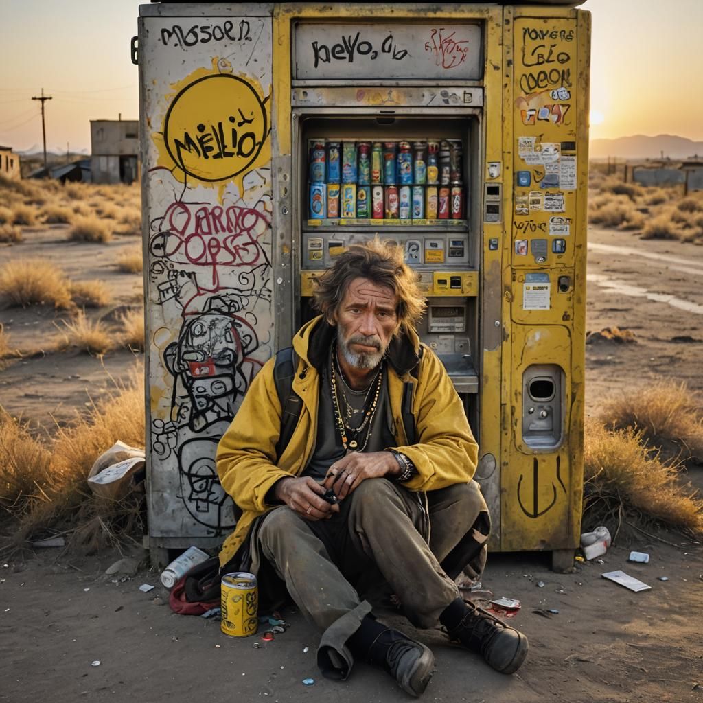 Street Art: Beggar in Abandoned Urban Landscape